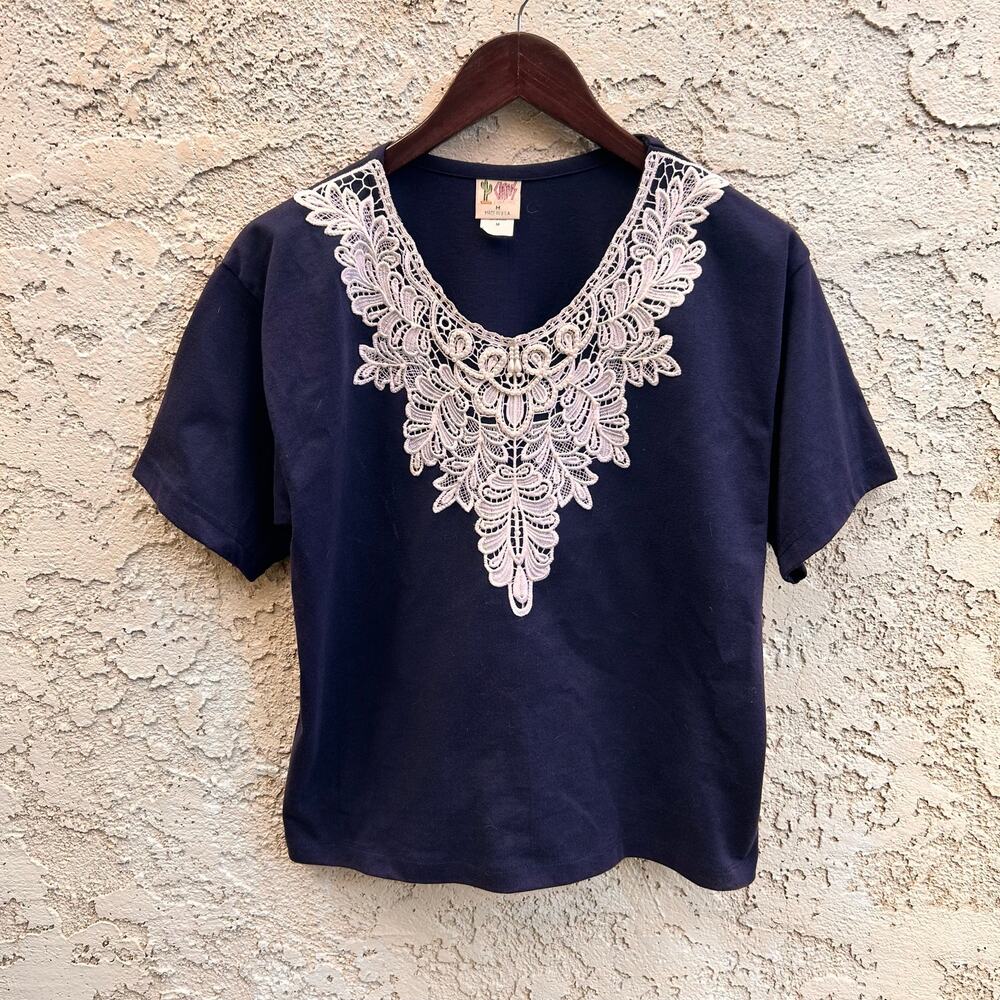 Vintage Cactus California Lace Beaded Collar Top Navy Size M